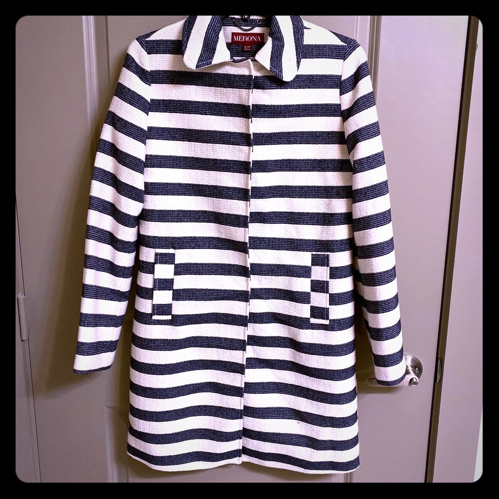 Blue and white striped lightweight trenchcoat